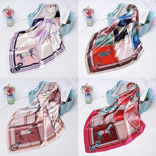 Ciormis Head Scarves for Women, 4 Pcs 35" Horse Printed Hair Scarf for Sleeping Silk Bandana Scarf Top Fashion Stain Neck Scarfs(Light Pink/Hot Pink/Lavender Purple/Light Camel) — view 6