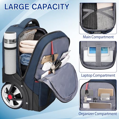 MATEIN Rolling Backpack with Wheels, 17 Inch Large Roller Backpack with Combination Lock, Water Resistant Anti Theft Travel Wheeled Backpacks Laptop Back Pack for Men Women Work Business Commute, Blue - Image 5