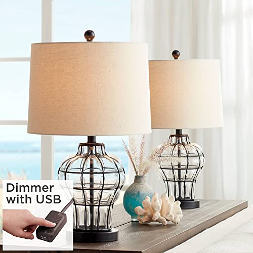 360 Lighting Hudson Rustic Accent Table Lamps 23\" High Set of 2 with USB Charging Port Clear Glass Bronze Drum Shade for Bedroom Living Room Desk Nightstand Bedside Night Stand Kids Room