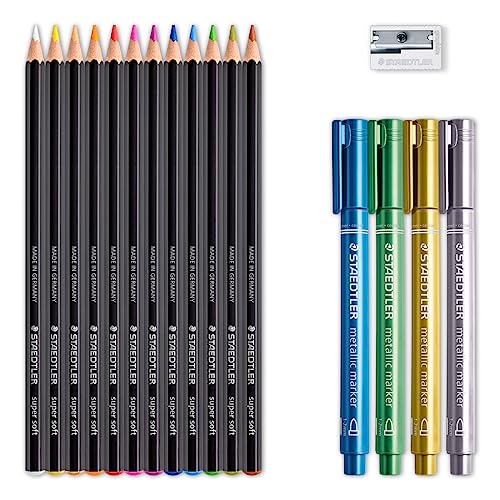 Image of STAEDTLER Design Journey Black & White Set of Soft Coloured Pencils, Metallic Markers and Sharpener
