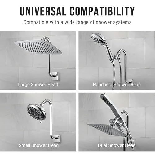 G-Promise All Metal S Shaped Shower Arm with Flange, Wall Mounted Stainless Steel High Rise Gooseneck Pipe Replacement, 10-Inch Lift Height, Compatible with Fixed Shower Head (12 Inch, Chrome) — view 2