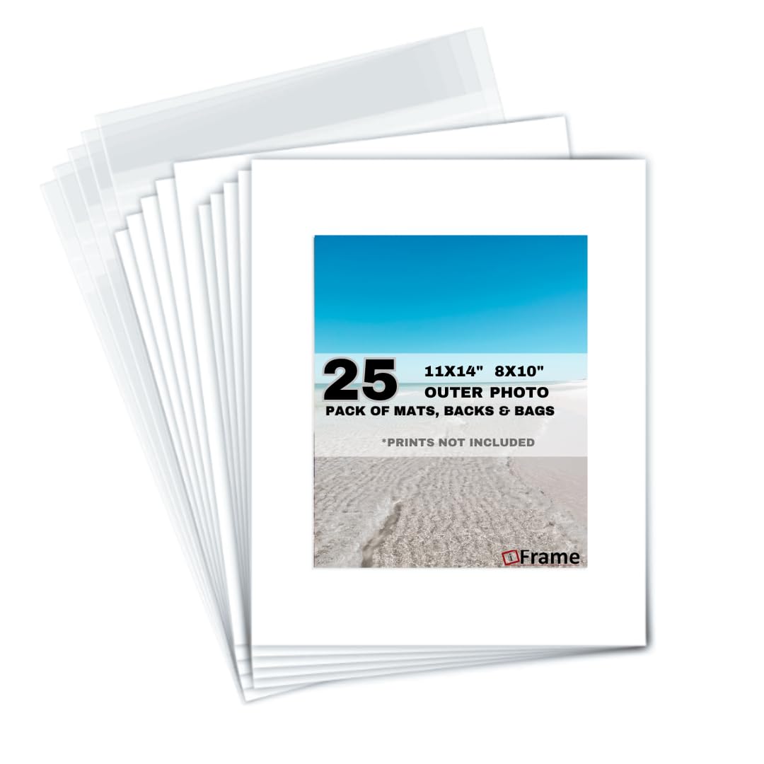iFramePack of 25 11" x 14" Inch Pre-Cut White Picture Mats I Mattes for Photo + Backing + Bags (11 x 14 25-Pack Complete Set) I Designed and Made in The USA