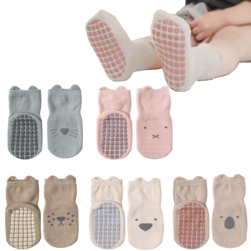 Image of Tatibana Baby Non Slip Socks, 5pairs Toddlers No Slip Socks Non Slip Bottom Kids Socks Cartoon Baby Little Girls Boys Socks with Grips (as1, age, 0_month, 12_months, 5 mixed color A)