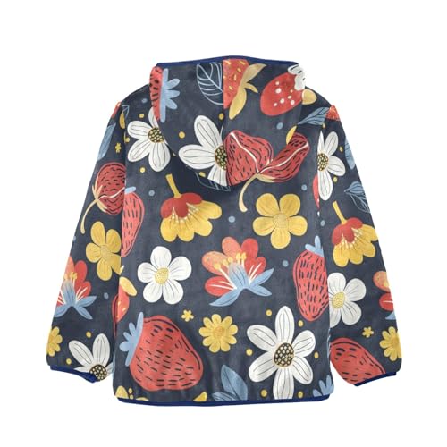 Boys Girls Fleece Jacket Hand Drawn Strawberry and White Yellow Flowes Kids Warm Hooded Outwear Coat2