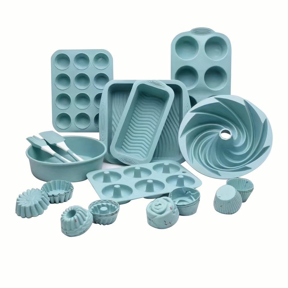 Juego de moldes para Hornear de Silicona de 33 Piezas NYSDM Incluye Bandeja Cuadrada, Molde para Pan, Molde para Pasteles Redondos Savarin, Bandeja para Muffins, Herramientas de Color nórdico