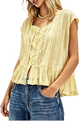 Womens Tie Front Ruffle Boho Top Flowy Sheer Short Sleeve Lace Blouses Y2k Embroidered Babydoll Button Down Eyelet Shirts Beach Fashion Going Out Tops
