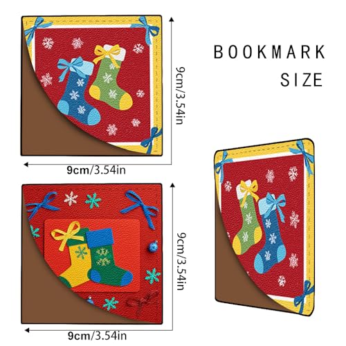Image of Cute Christmas Stocking Corner Bookmarks 2Pcs, Handmade PU Leather Page Corner Protectors, Winter Holiday Stationary Gift for Book Lovers, Kids, Teachers, Colorful Reading Accessories 3.54 inch