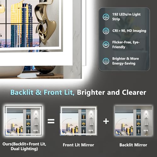 Image of 32x36 LED Bathroom Mirror with Lights, Backlit and Front Lit Anti-Fog Lighted Vanity Mirrors for Bathroom Wall, Dimmable, 3-Color Light, Memory, Shatter-Proof, HD Tempered Glass, CRI>90