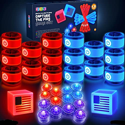 Up To 40% OFF Play22 American Capture The Flag Glow in The Dark Game - Capture The Flag Game Up to 14 Players - Capture The Flag Set Includes 14 Bands, 16 Team Lights, 2 Flags - Great Outdoor Gift - Original