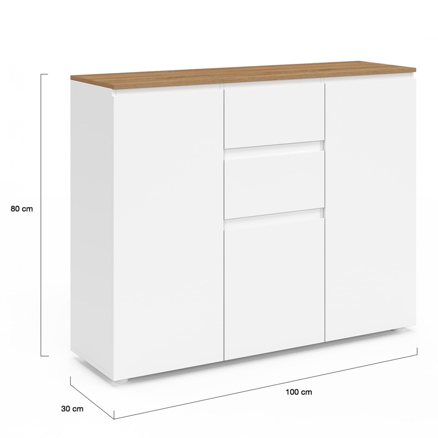 IDMarket - Aparador Toby de 100 cm, 3 puertas, 2 cajones, blanco con tablero de madera