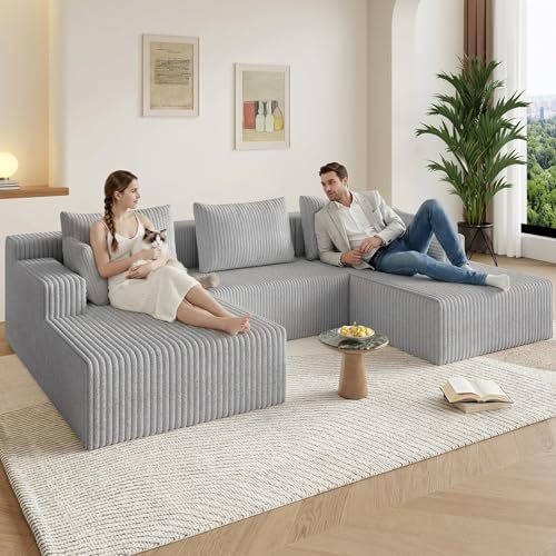 Image of 107 inch Boneless Cloud Couch Sectional Couches Sofa for Living Room | Modular U-Shaped Couch, Comfy Modern Corduroy Memory Foam Sofas with Deep Seat, Ottoman, Oversized Chaise (Light Grey)
