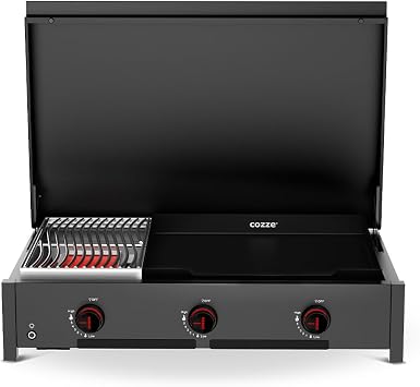 Cozze  Combo 900 Gas Plancha & Infrared Grill 7.5kW - Enamelled Cast Iron Plancha + Stainless Steel Grill Area, Fast Ignition, 30mbar, Black