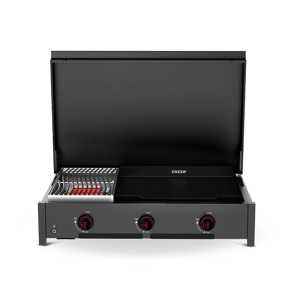 Cozze® Combo 900 – 2-en-1 Barbecue Gaz avec Plancha & Grill Viande | Station Cuisine 7,5kW avec Brûleur Infrarouge, Grande Plancha Fonte Émaillée 53cm, Allumage Rapide & Boutons Lumineux LED