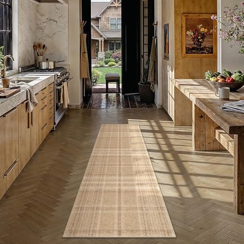 2x5 Brown Runner Rug for Kitchen Machine Washable Low Pile Checkered Carpet Modern Accent Soft Non Slip Rug for Bathroom Bedroom Nursery Indoor 2' x 5