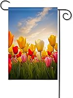 Vista 1 de Moslion Bandera de jardín de tulipanes, campo floral al atardecer, nube, tulipán, rosa, amarillo, flores verdes, banderas de doble cara, bandera