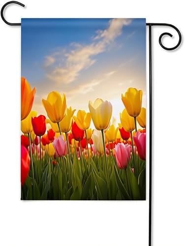 Moslion Bandera de jardín de tulipanes, campo floral al atardecer, nube, tulipán, rosa, amarillo, flores verdes, banderas de doble cara, bandera de