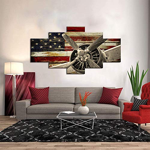 Viivei Vintage American Us Usa Flag Fighter Bomber Head Propelle Canvas Wall Art Prints Retro Warplanes Home Decor Pictures 5 Panel Poster Military Aircraft Painting Framed Ready To Hang (60" Wx32 H) #TOP5