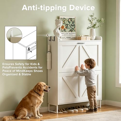 Urban Deco Shoe Storage Cabinet for Entryway, 2 Flip Drawers Shoe Organizer, Elegant 2-Tier Freestanding Shoe Cabinet with Anti-Tipping Design (White) - image 7
