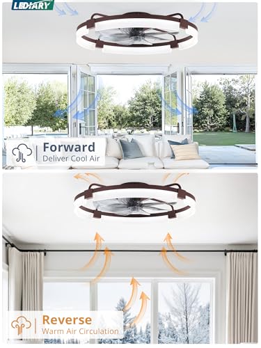 Image of LEDIARY 24 inch Ceiling Fans with Lights and Remote, Modern Low Profile Ceiling Fan, 3 CCT, Stepless Dimmable, Fandelier Flush Mount Fan Light, 6 Speeds, DC Motor, App & Remote Control for Bedroom(Brown)