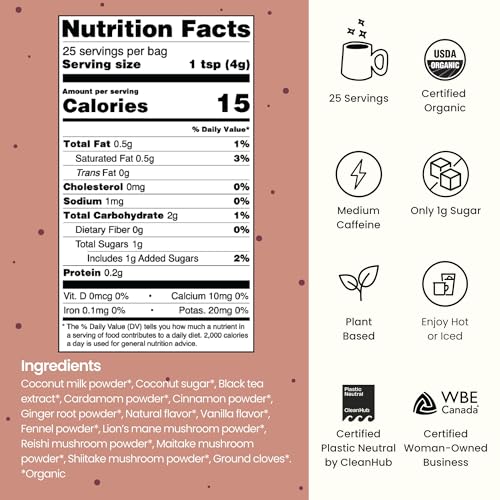 Image of Blume Superfoods Latte - Vanilla Chai Blend with Black Tea, Cardamon, Cinnamon, Low-Caffeine, Low-Sugar, Organic, Keto Friendly, Vegan, Mushroom Blend- 25 Servings