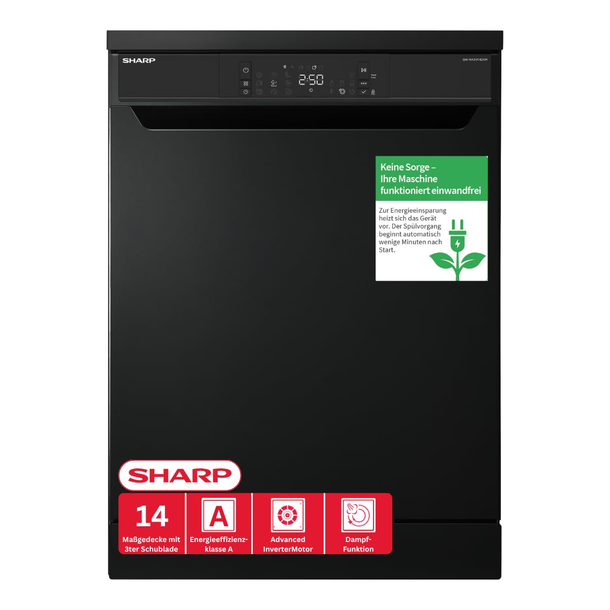 Sharp QW-NA3YF42AM-DE Geschirrspüler freistehend, 60 cm, 14 Maßgedecke, A, 42 dB, SteamWash, DualProWash, EcoWash, AutoDoor, WLAN, Weiß