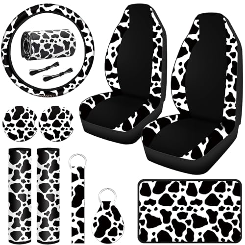 Frienda 10 Pcs Cow Print Car Accessories Set Cow Car Seat Cover Cow Rubber for Winter Women Men Steering Wheel Cover Car Cup Holders Keyring Armrest Pad Seat Belt Pads Wrist Strap for Most Car SUV