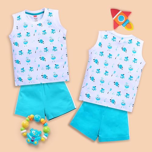 Image of LuvLap Baby Boys Cotton Printed Sleeveless Tank Top & Shorts Sets Pack Of 3, White & Blue Radiance & Melange, XL (12 to 18 Months)