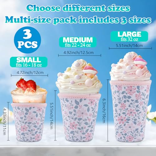 Image of 3 Packs Reusable Iced Coffee Sleeves - Flower Neoprene Cup Sleeve for Hot and Cold Drinks, Insulated Drink Sleeve for 16-32oz Soda Cans Beverages Water Bottles, Christmas Gift for Friends