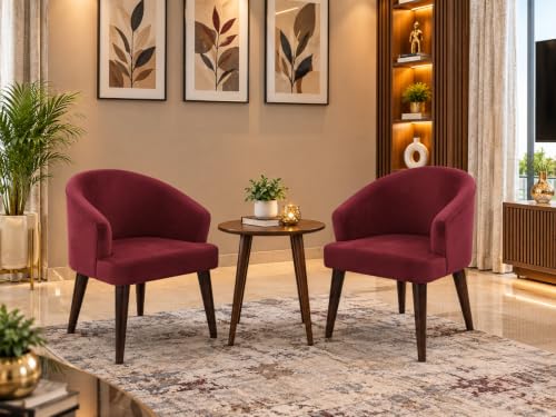 Image of DaneWood Wooden Upholstered Dining Chair Set of 2 | Accent Chair for Living /Drawing Room, Bedroom & Office | Upholstery Barrel Arm Chair with Velvet Fabric | Sheesham Wood Legs, Maroon