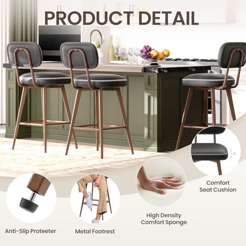 Image of MALOL 26 inch PU Leather Swivel Bar Stools Set of 3, Mid Century Counter Height Bar Chairs with Low Back and Metal Legs, Modern Bar Stool Chair for Kitchen Island, Black