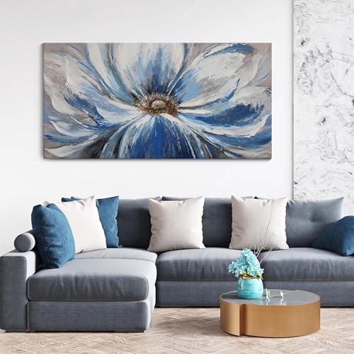 Image of Flower Canvas Wall Art for Living Room Large White Blue Flower Picture Giclee Print Painting Wall Decor Framed Artwork Ready to Hang for Home Bedroom Wall Decoration Size 24x48