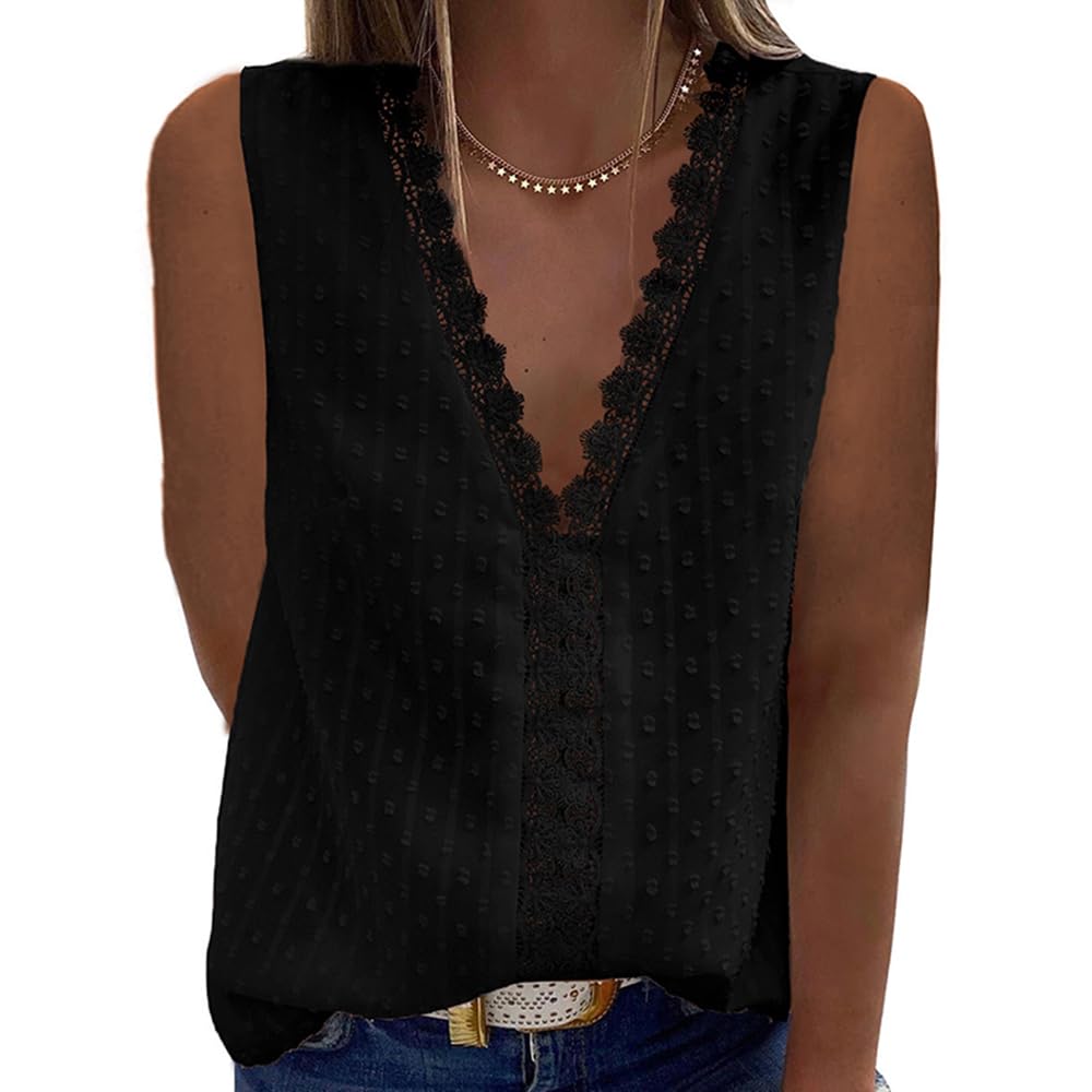 Bipily Camiseta para Mujer Blusa de Encaje con Cuello en V de Gasa Sin Mangas Elegante y Básica Color Sólido Chaleco Tops