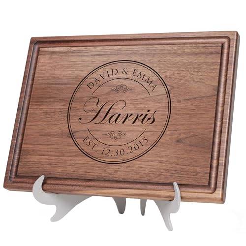 Personalized Cutting Board - Custom Engraved Wood Charcuterie Board - Best Wedding Gift Idea for Couples (Bride & Groom), Newlyweds - Handcrafted in USA from Premium Hardwood (Round Stamp 001)
