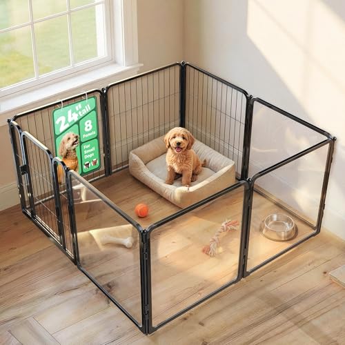 FXW AuraSpace Pro Acrylic & Wire Mesh Indoor Dog Playpen 24 Height 8 Panels Metal Dog Pen for Puppies & Small Dogs BlackPatented