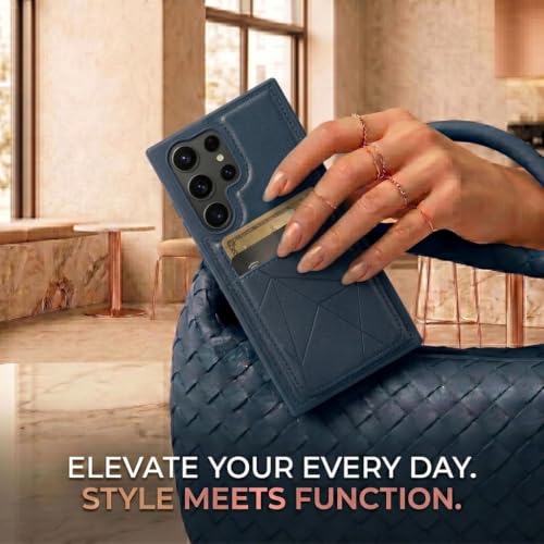 Image of amazon basics Premium Vegan Leather Back Cover with Card Holder and Integrated Mobile Stand for Samsung Galaxy S23 Ultra 5G - Slim Shockproof Wallet Case with Geometric Stitching [Blue]