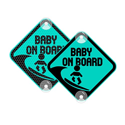 Vesvory Baby an Bord Surf Aufkleber für Autos, reflektierende PVC Auto Aufkleber mit Saugnäpfen Doppelseitiges Baby an Bord Reflektierende Auto Aufkleber, 4.72x4.72 in (Reflektierende Mintgrün)