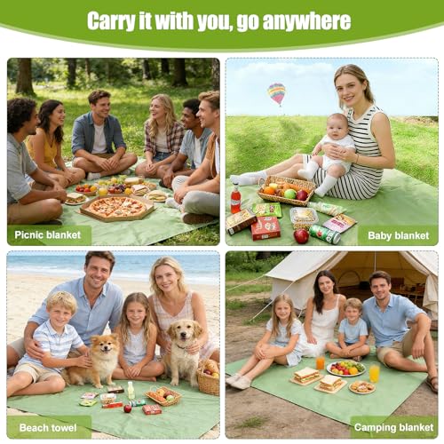 Rzspher Picknickdecke 200 x 150 cm, Picknickdecke Wasserdicht mit Griffe und 4 Erdankern, Faltbare Picknickmatte Stranddecke Sandfrei für Picknick Camping Strand Wandern (Grün)