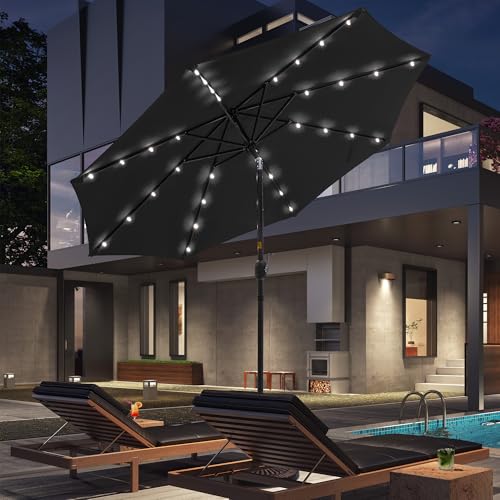 SANLUCE 9FT patio umbrella with solar lights, umbrella outdoor patio with Push Button Tilt and Crank Market Umbrella 8 Sturdy Ribs UV Protection Waterproof for Garden Deck Backyard Pool