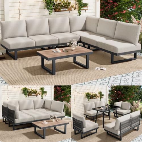 Yihomfy Salon de Jardin Exterieur Modulable 6 Personnes avec Table en Verre, Convertible en Lit, Acier Galvanisé, Coussin Épais 14 cm, pour Jardin Terrasse...