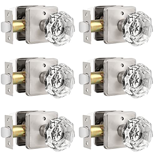 Orger Privacy Door Knob with Lock for Bedroon and Bathroom, Octagon Crystal Door Knobs Interior, Glass Door Knob with Satin Nickel Square Back Plate, Vintage Style 6 Pack