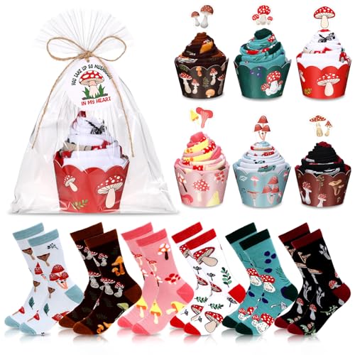 Foaincore 6 Pairs Womens Cute Socks Funny Mushroom Socks Valentines Day Birthday Gifts for Women Mom Men Mushroom Lovers Gift Decor Accessories with Cupcake Toppers and Wrappers