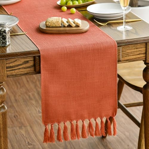 Artoid Mode Terracotta Orange Tassel Table Runner, Fall Linen Blend Rustic Farmhouse Style Kitchen Table Decoration Holiday Wedding Party Dinning Decor 13x48 Inch