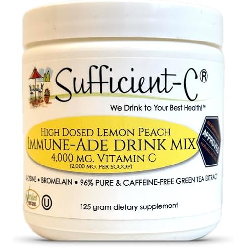 Sufficient-C High Dose Non-GMO Vitamin C Lemon Peach Immune-Ade Drink Mix, Convenient 125 Gram Size w/L-lysine, Bromelain & a Premium 96% Pure Green Tea Extract - Stomach Friendly, Adrenal Supportive