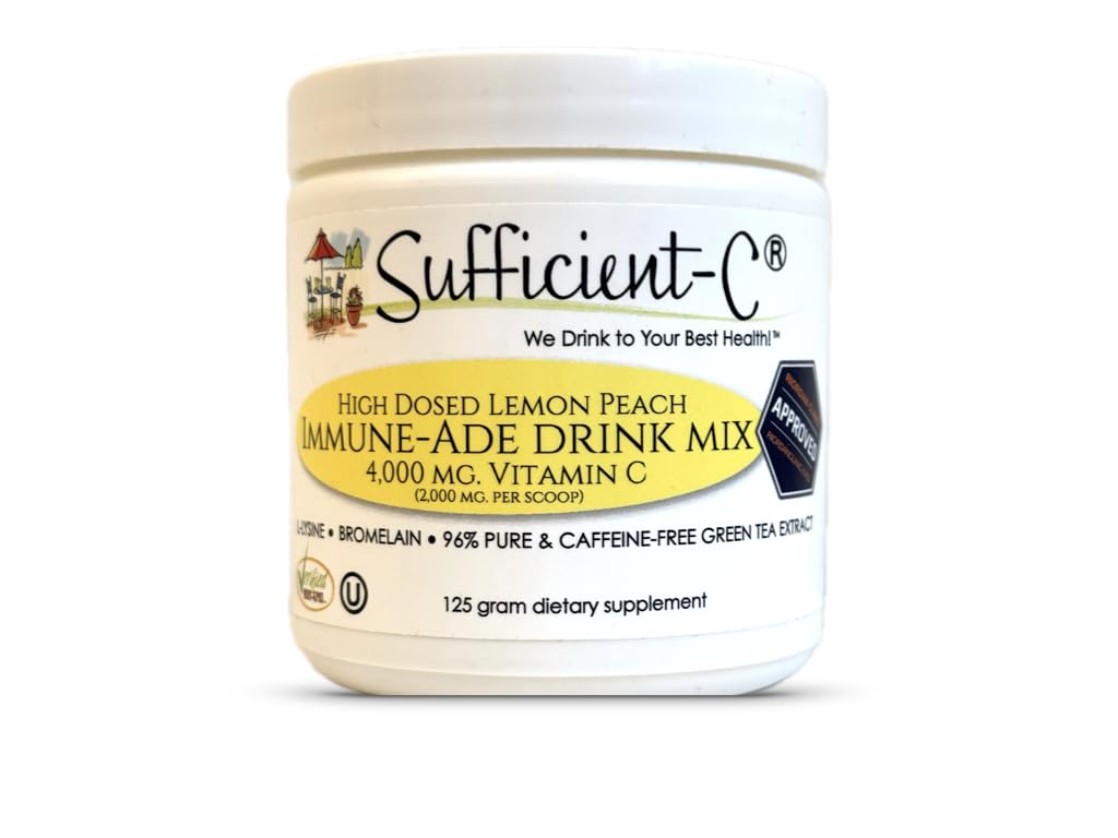 Sufficient-C High Dose Non-GMO Vitamin C Lemon Peach Immune-Ade Drink Mix, Convenient 125 Gram Size w/L-lysine, Bromelain & a Premium 96% Pure Green Tea Extract - Stomach Friendly, Adrenal Supportive