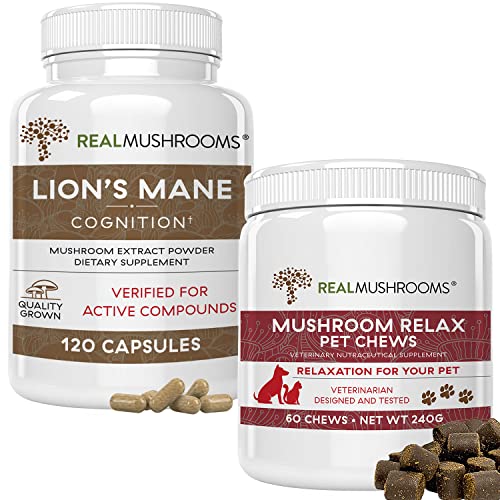 Real Mushrooms Lion’s Mane For Humans (120Ct) & Mushroom Pet Relax Chews (60 Chews) - Bundle For Cognition & Relaxation - Vegan, Non-Gmo, Gluten-Free, Grain-Free Mushroom Extract Supplements #TOP26