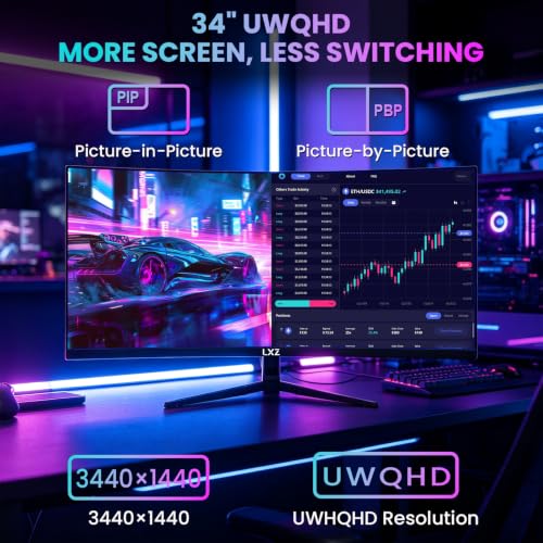 Image of LXZ 34 Inch Curved Monitor 1500R 165Hz, 3440 x 1440 UWQHD Ultrawide Gaming Monitor with FreeSync & G-Sync, PIP & PBP, DisplayPort HDMI - Black