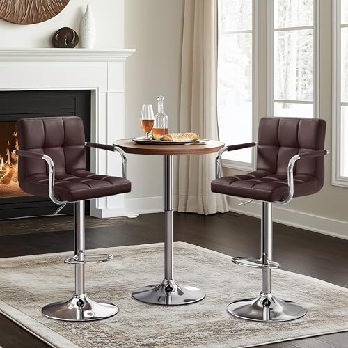 Image of Yaheetech Bar Stools Set of 2, Swivel with Backs, Adjustable Height, Brown