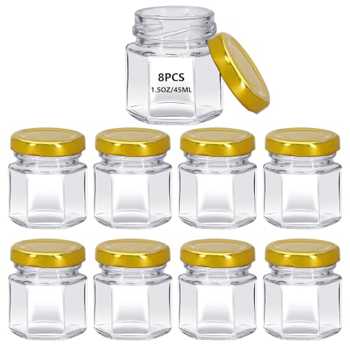 eispap 8Pcs Glass 1.5 oz Mini Clear Honey Jars for Wedding Favor, 45ml Small Glass Favor with Airtight Lids, Gift Jars, Sample Body Butter, Jam, Spices, Herbs, Candy (8, Gold cap, Mini)