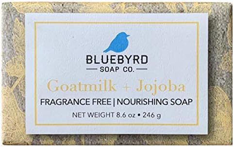 BLUEBYRD Soap Co. Nourishing Goat Milk & Jojoba Soap Bar, 100% Cold Press Large Soap Bars for Men and Women, An Unscented Soap Bar for Sensitive Skin, Made with Jojoba Oil, Shea Butter, Virgin Olive Oil, Cruelty-Free, Paraben-Free, Silicone-Free, USA MADE, 8.6oz.(GOATMILK JOJOBA)
