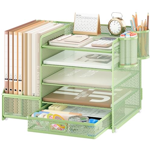 VITVITI Schreibtisch Organizer, 5 Ebenen Briefablage mit Schubladen, Aktenhalter mit 2 Stiftehalter, Büro Organizer mit Stehsammlere, Bürobedarf für A4 Dokumentenablag (Grün)